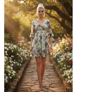 ByTimo Floral Chiffon Mini Dress Small Green NEW